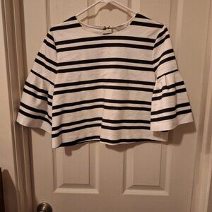 Zara Trafaluc Black and White Crop Bell Sleeve Top Large